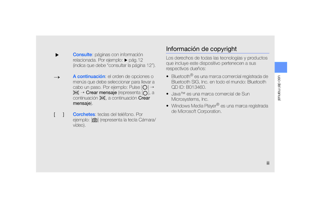 Samsung SGH-F490WRAFOP, SGH-F490DBAFOP, SGH-F490HAAFOP manual Información de copyright, Consulte páginas con información, Iii 