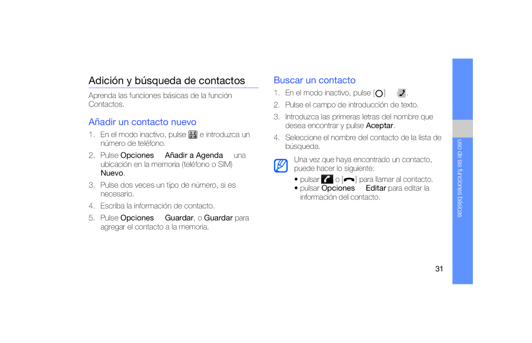 Samsung SGH-F490HAAFOP, SGH-F490WRAFOP manual Adición y búsqueda de contactos, Añadir un contacto nuevo, Buscar un contacto 