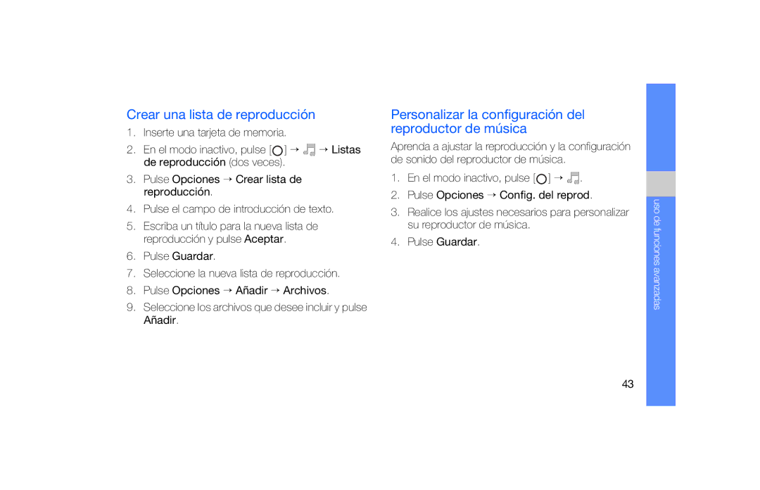 Samsung SGH-F490HAAFOP manual Crear una lista de reproducción, Personalizar la configuración del reproductor de música 