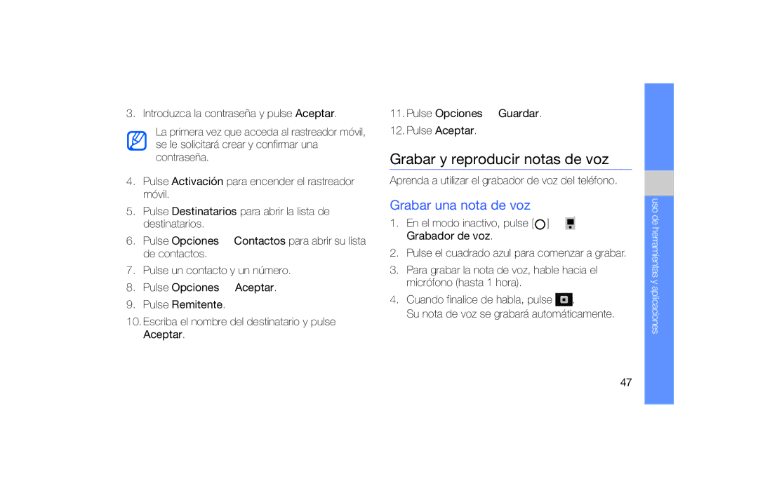Samsung SGH-F490WRAFOP, SGH-F490DBAFOP, SGH-F490HAAFOP manual Grabar y reproducir notas de voz, Grabar una nota de voz 