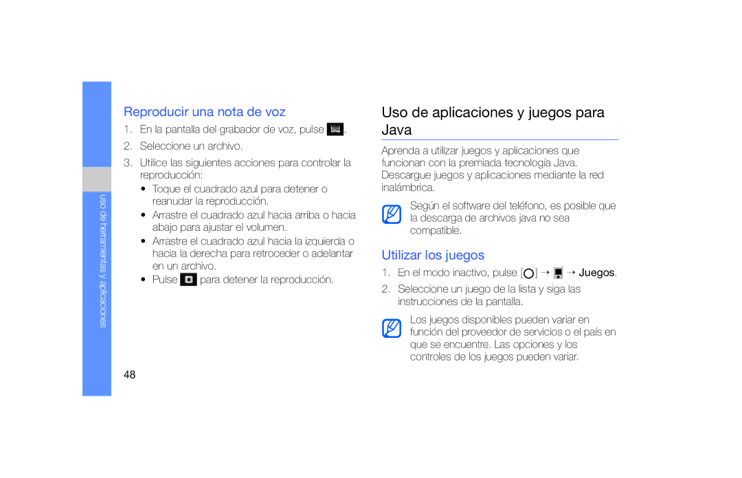 Samsung SGH-F490DBAFOP manual Uso de aplicaciones y juegos para Java, Reproducir una nota de voz, Utilizar los juegos 