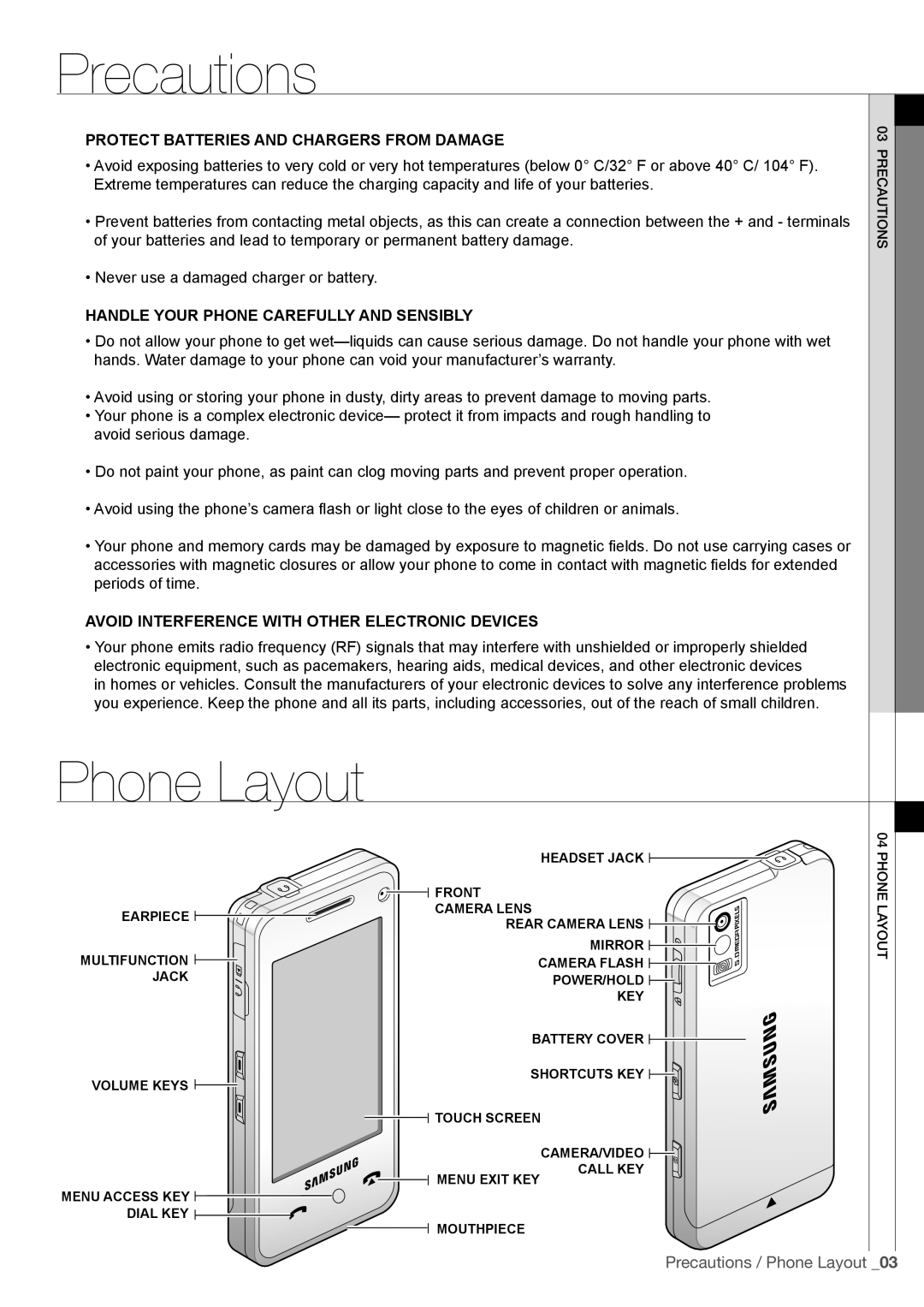 Samsung SGH-F490ZKAFTM Phone Layout, Protect batteries and chargers from damage, Handle your phone carefully and sensibly 