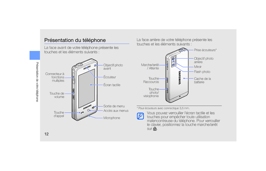 Samsung SGH-F490ZKAFTM, SGH-F490ZKABOG, SGH-F490WRAXEF, SGH-F490HAAXEF, SGH-F490WRAFTM manual Présentation du téléphone 