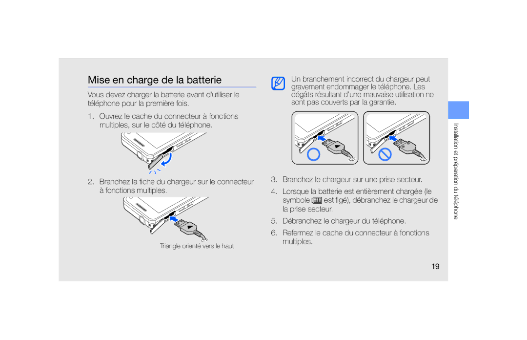 Samsung SGH-F490WRABOG, SGH-F490ZKABOG, SGH-F490WRAXEF, SGH-F490HAAXEF, SGH-F490WRAFTM manual Mise en charge de la batterie 