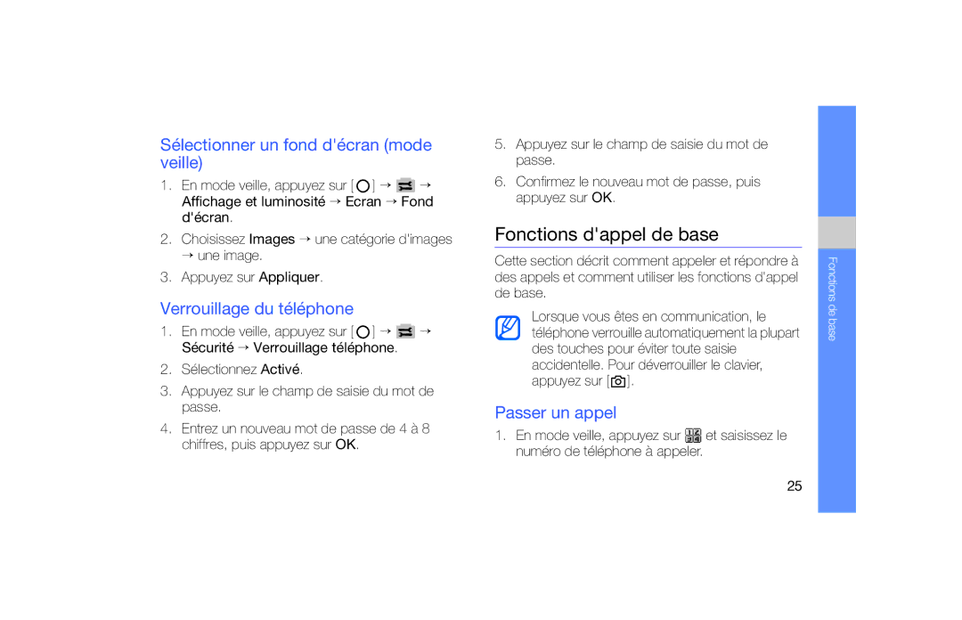 Samsung SGH-F490HAASFR manual Fonctions dappel de base, Sélectionner un fond décran mode veille, Verrouillage du téléphone 