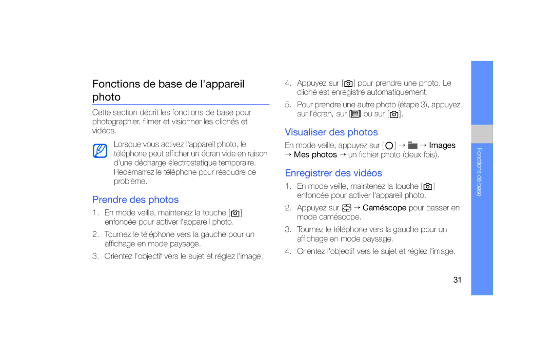Samsung SGH-F490WRABOG, SGH-F490ZKABOG Fonctions de base de lappareil photo, Prendre des photos, Visualiser des photos 
