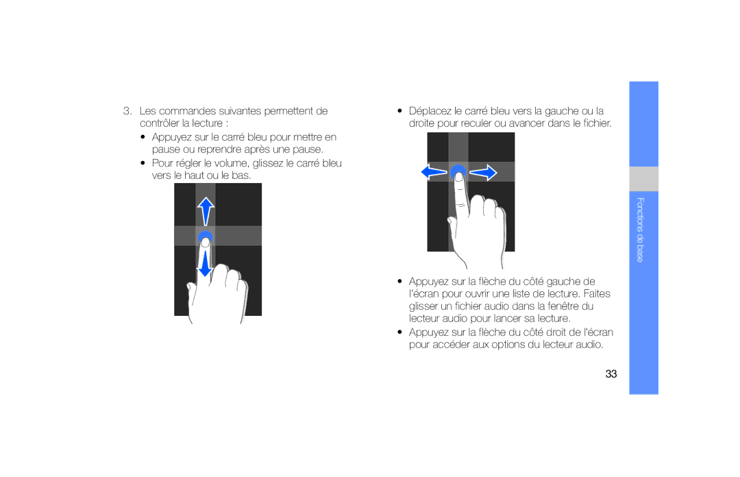 Samsung SGH-F490WRAXEF, SGH-F490ZKABOG, SGH-F490HAAXEF manual Les commandes suivantes permettent de contrôler la lecture 