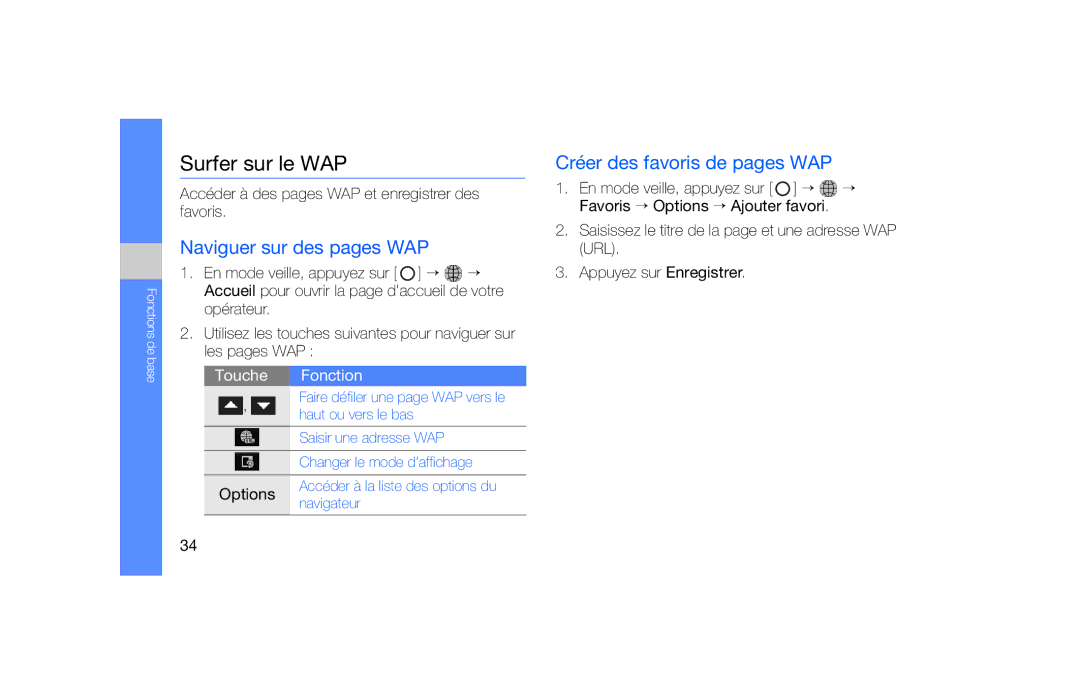 Samsung SGH-F490HAAXEF manual Surfer sur le WAP, Naviguer sur des pages WAP, Créer des favoris de pages WAP, Options 