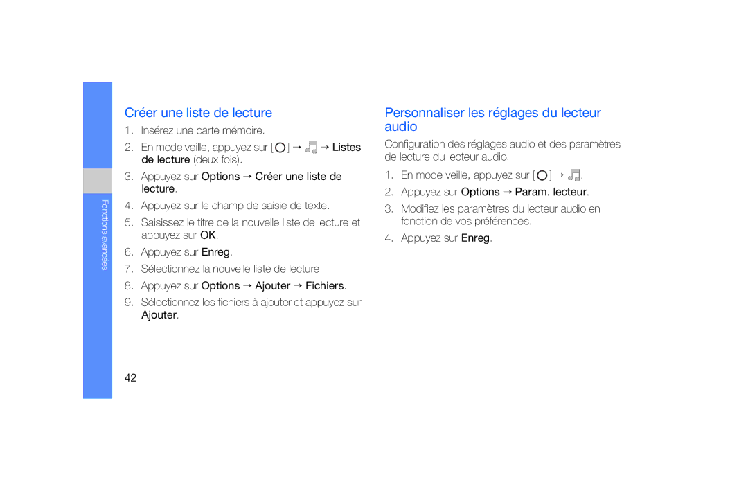 Samsung SGH-F490ZKASFR, SGH-F490ZKABOG manual Créer une liste de lecture, Personnaliser les réglages du lecteur audio 