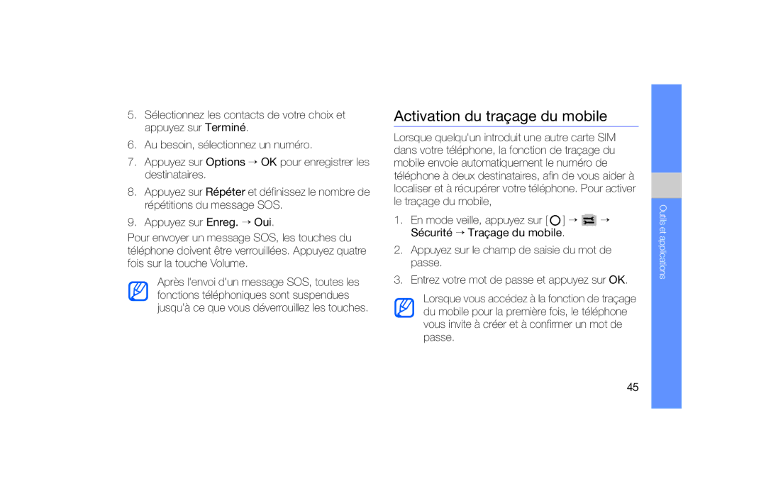 Samsung SGH-F490WRAXEF, SGH-F490ZKABOG, SGH-F490HAAXEF, SGH-F490WRAFTM, SGH-F490ZKAFTM manual Activation du traçage du mobile 