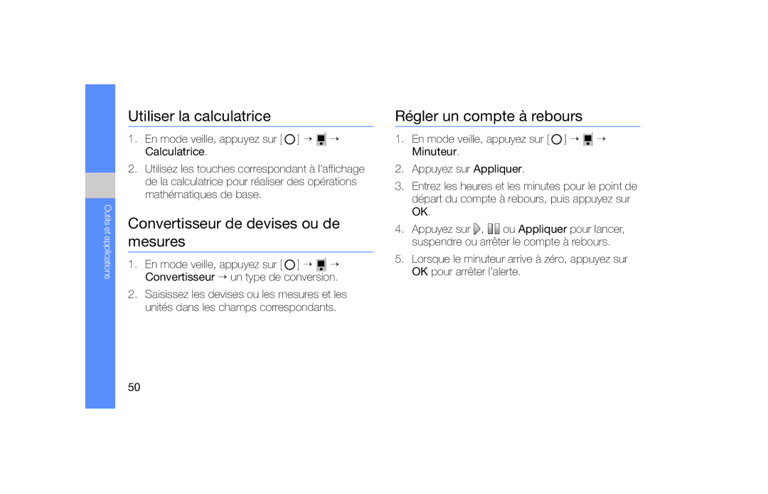 Samsung SGH-F490HAAFTM manual Utiliser la calculatrice, Convertisseur de devises ou de mesures, Régler un compte à rebours 