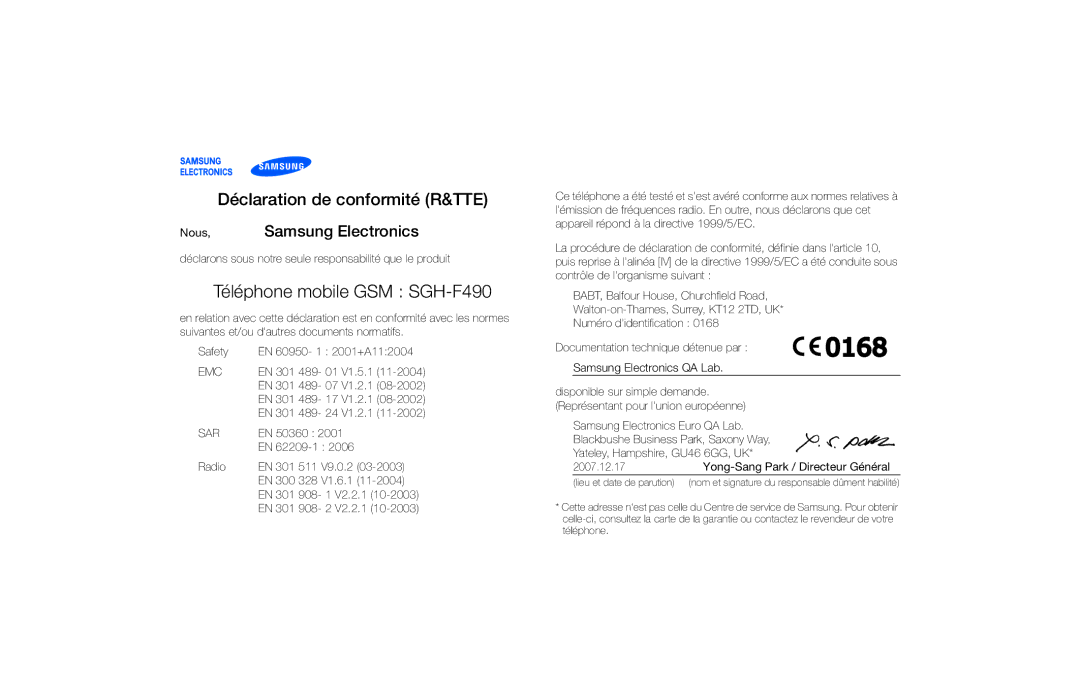 Samsung SGH-F490HAASFR, SGH-F490ZKABOG, SGH-F490WRAXEF manual Téléphone mobile GSM SGH-F490, Nous, Samsung Electronics 