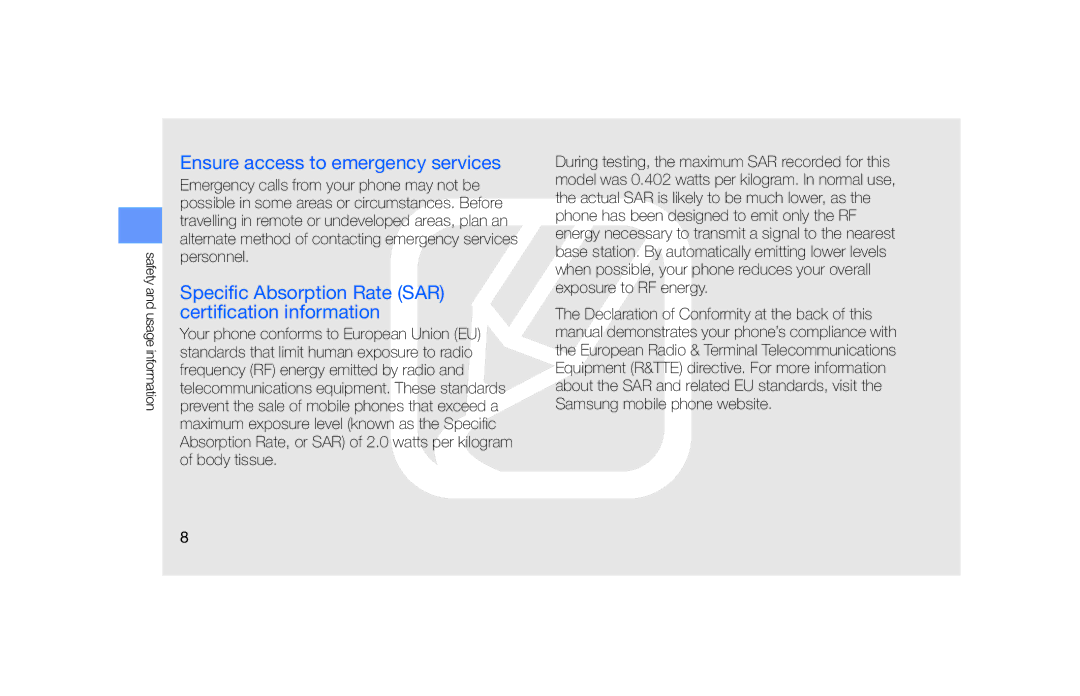 Samsung SGH-F490DBAITV manual Ensure access to emergency services, Specific Absorption Rate SAR certification information 