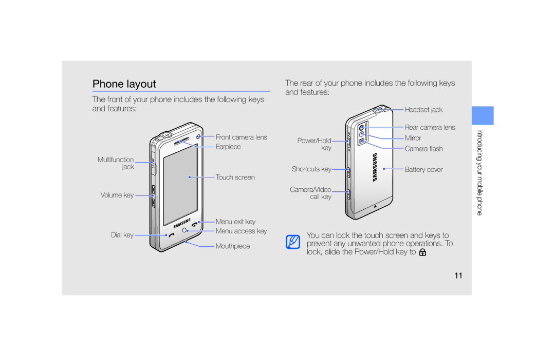 Samsung SGH-F490HAAITV, SGH-F490ZKABOG manual Phone layout, Rear of your phone includes the following keys and features 