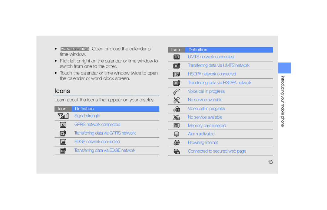 Samsung SGH-F490DBAFOP, SGH-F490ZKABOG, SGH-F490WRAXEF manual Icons, Learn about the icons that appear on your display 