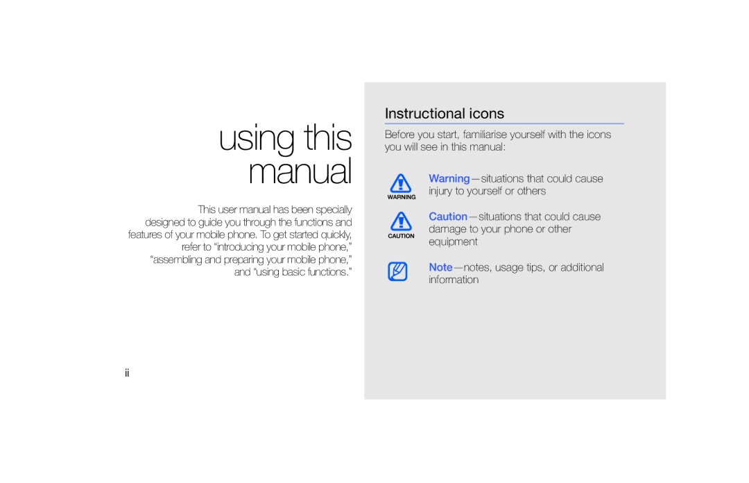 Samsung SGH-F490HAAXEF, SGH-F490ZKABOG, SGH-F490WRAXEF, SGH-F490WRAFTM, SGH-F490ZKAFTM Using this manual, Instructional icons 