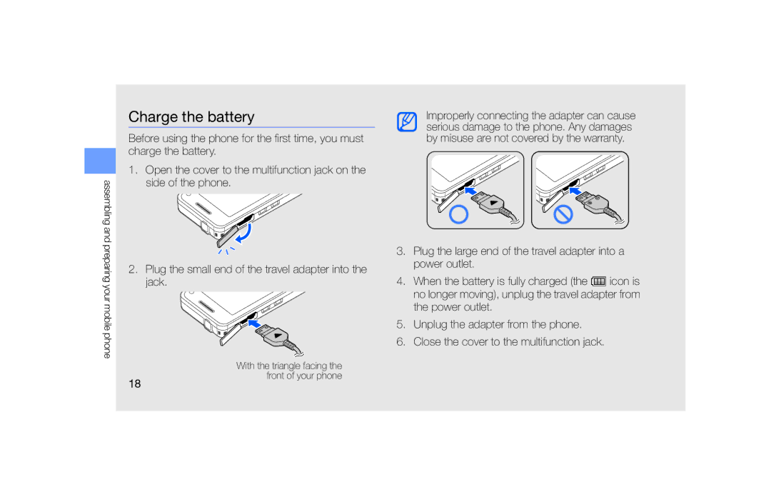 Samsung SGH-F490WRVVGR, SGH-F490ZKABOG, SGH-F490WRAXEF, SGH-F490HAAXEF, SGH-F490WRAFTM, SGH-F490ZKAFTM manual Charge the battery 