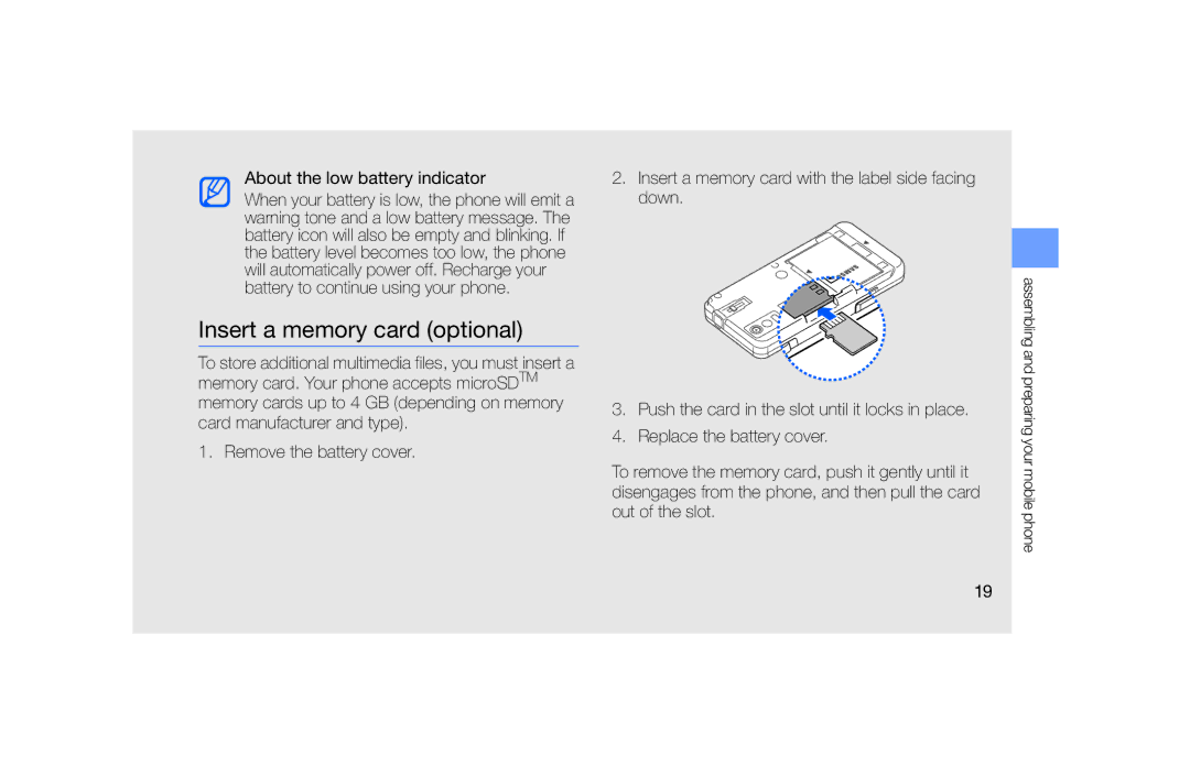 Samsung SGH-F490DBVVGR, SGH-F490ZKABOG, SGH-F490WRAXEF manual Insert a memory card optional, About the low battery indicator 