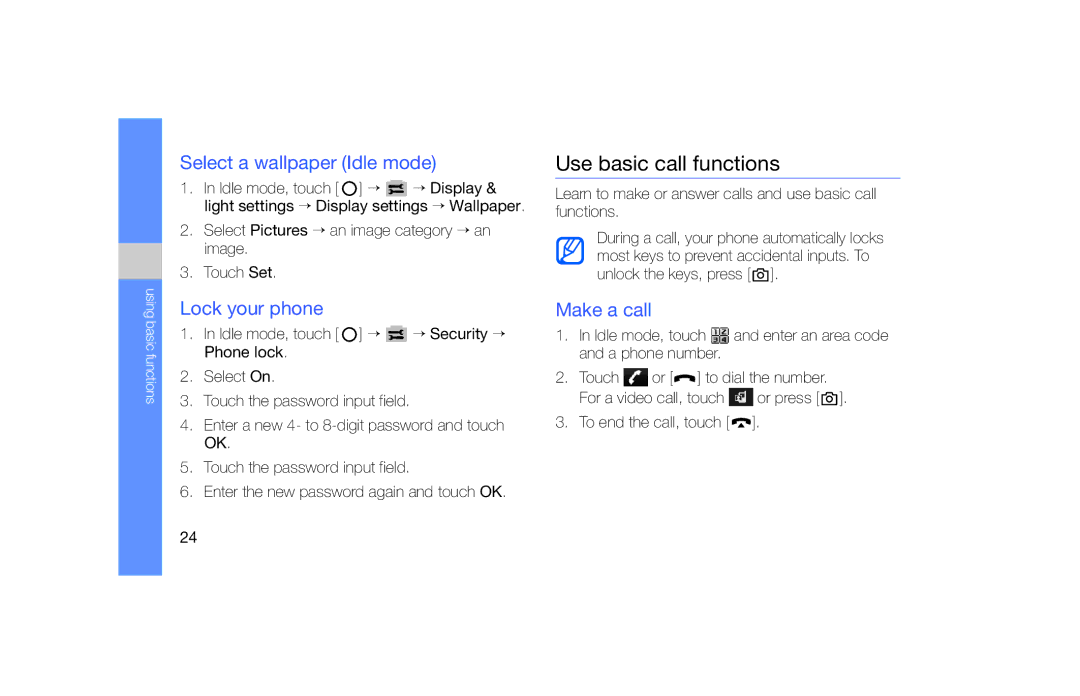Samsung SGH-F490ZKAFTM manual Use basic call functions, Select a wallpaper Idle mode, Lock your phone, Make a call 