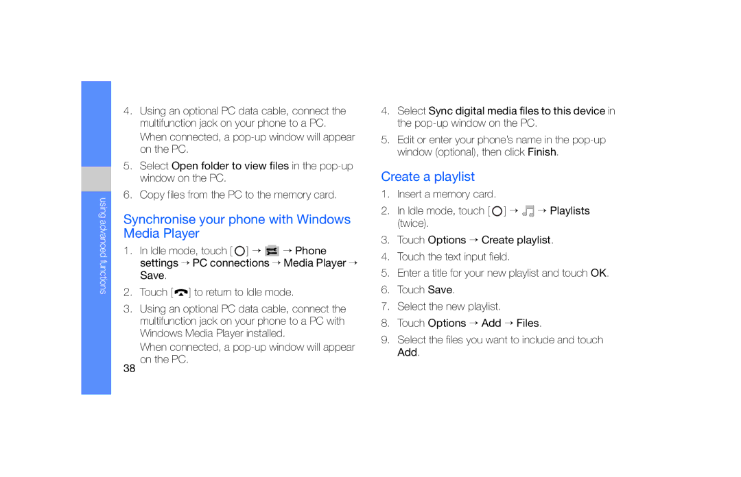 Samsung SGH-F490HAAFOP, SGH-F490ZKABOG, SGH-F490WRAXEF Synchronise your phone with Windows Media Player, Create a playlist 