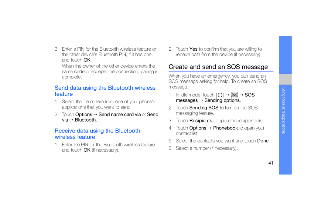 Samsung SGH-F490ZKAEUR, SGH-F490ZKABOG manual Create and send an SOS message, Send data using the Bluetooth wireless feature 