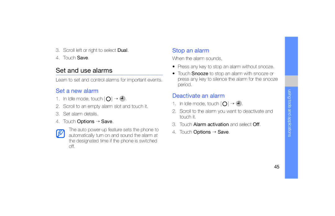Samsung SGH-F490WRAXEF, SGH-F490ZKABOG manual Set and use alarms, Set a new alarm, Stop an alarm, Deactivate an alarm 