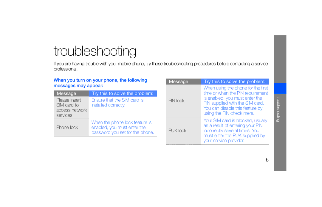 Samsung SGH-F490HAASFR, SGH-F490ZKABOG, SGH-F490WRAXEF, SGH-F490HAAXEF, SGH-F490WRAFTM, SGH-F490ZKAFTM manual Troubleshooting 