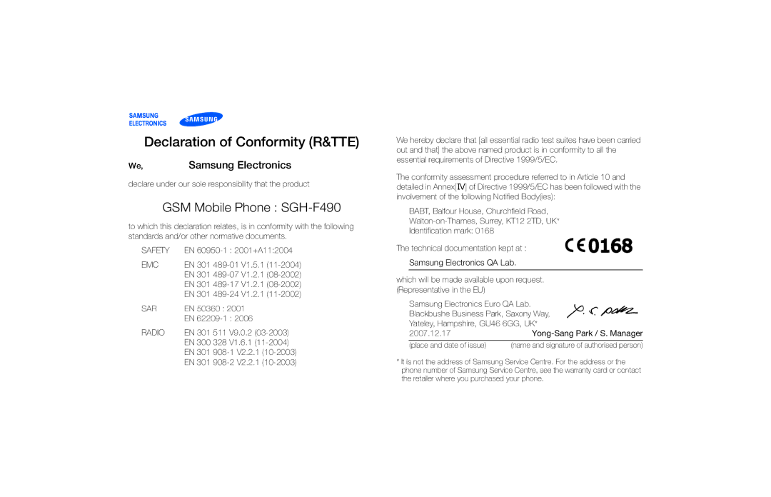 Samsung SGH-F490WRABOG, SGH-F490ZKABOG, SGH-F490WRAXEF, SGH-F490HAAXEF, SGH-F490WRAFTM manual Declaration of Conformity R&TTE 