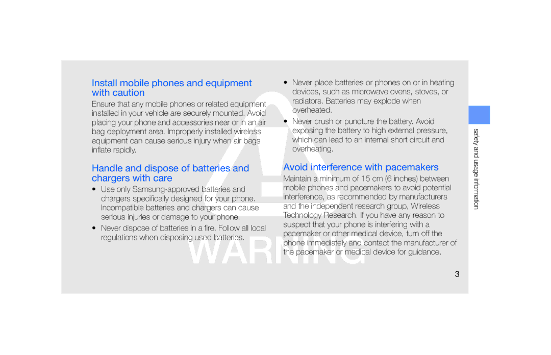 Samsung SGH-F490WRASFR manual Install mobile phones and equipment with caution, Avoid interference with pacemakers 