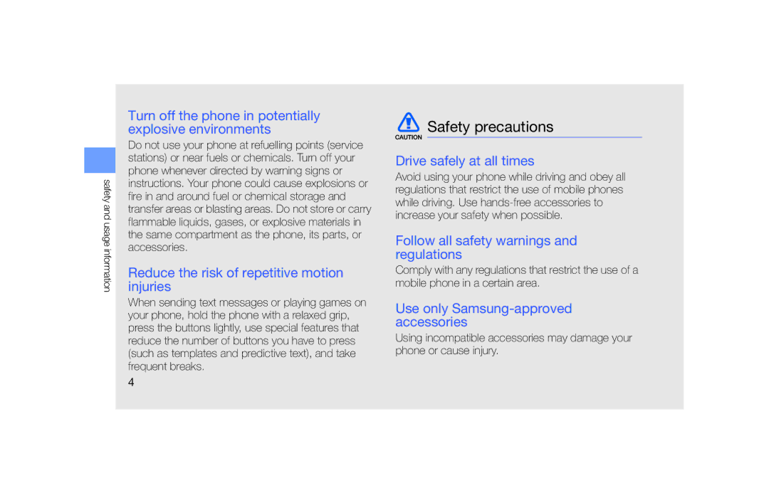 Samsung SGH-F490HAABOG, SGH-F490ZKABOG, SGH-F490WRAXEF, SGH-F490HAAXEF, SGH-F490WRAFTM, SGH-F490ZKAFTM manual Safety precautions 