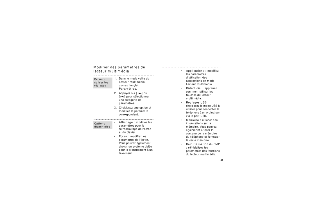 Samsung SGH-F500ZKAFTM manual Modifier des paramètres du lecteur multimédia, Réglages USB, Réinitialisation du PMP 