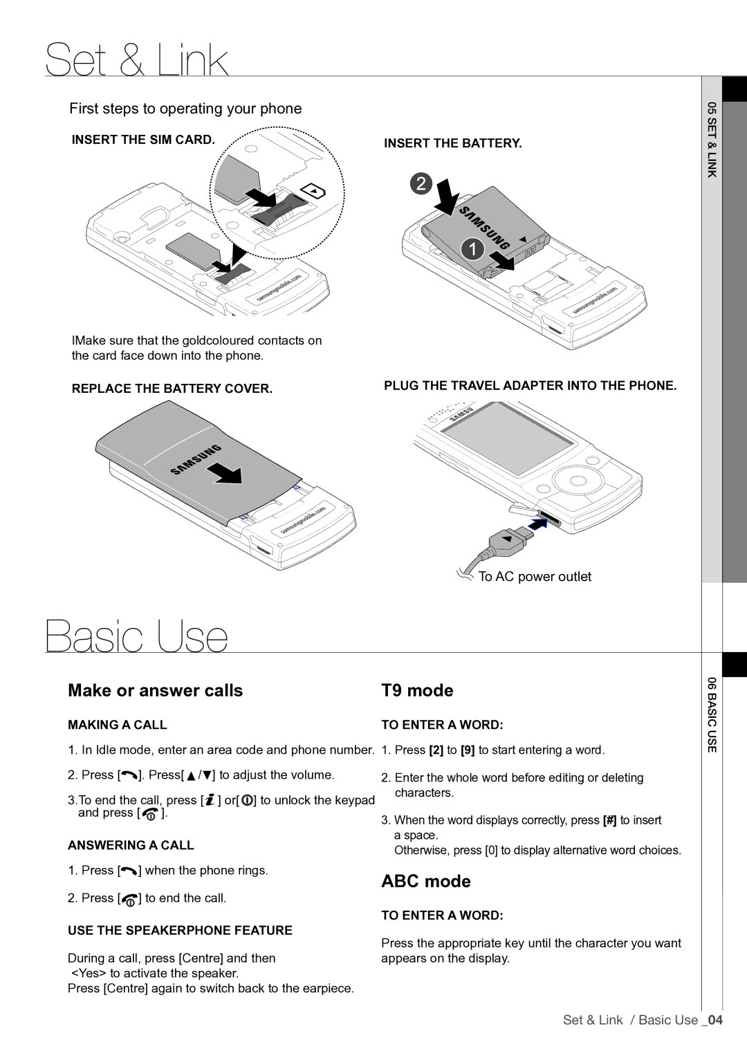 Samsung SGH-G600 Set & Link, Insert the SIM card Insert the battery, Making a call To enter a word, Answering a Call 