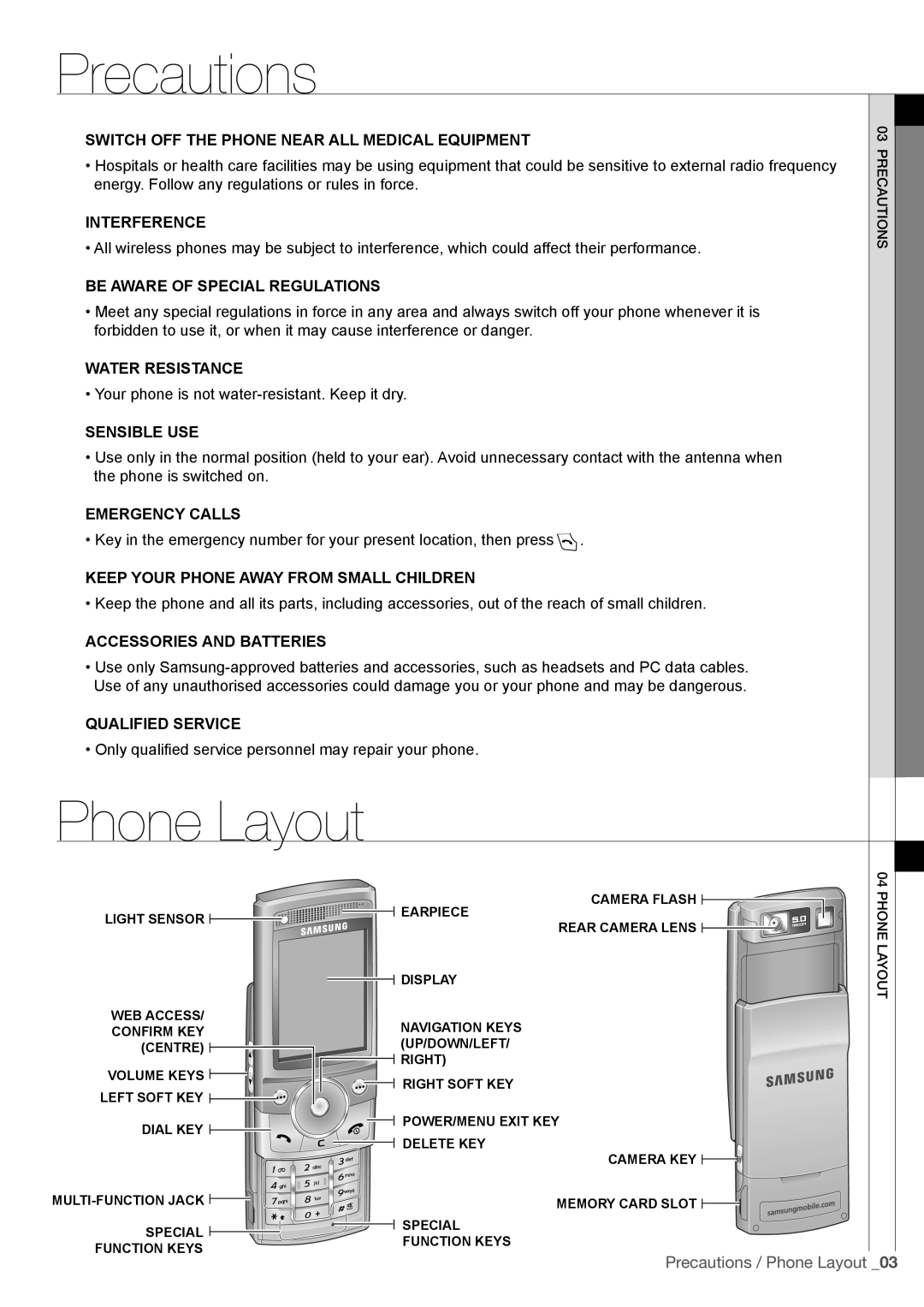 Samsung SGH-G600 quick start Precautions / Phone Layout, Switch off the phone near all medical equipment, Interference 