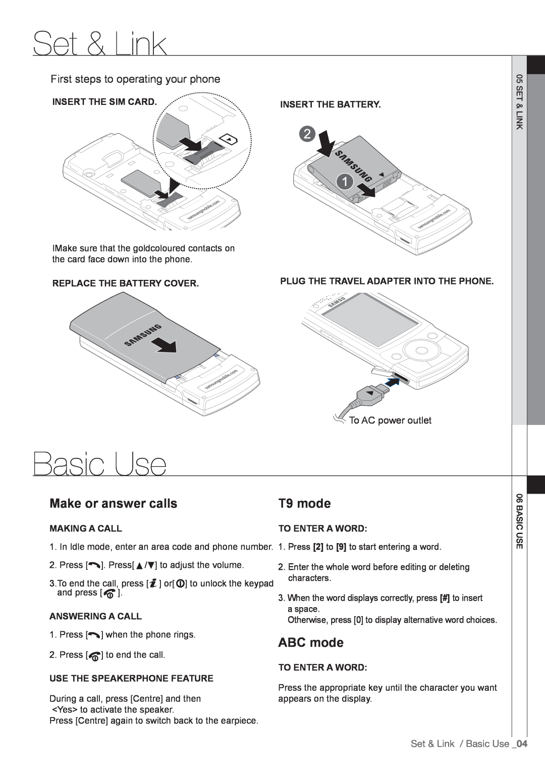 Samsung SGH-G600 Set & Link / Basic Use, Insert the SIM card, Insert the battery, Replace the battery cover, T9 mode 