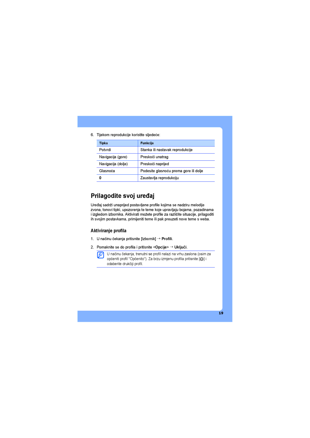 Samsung SGH-G810EAASEB, SGH-G810EAATRA manual Prilagodite svoj uređaj, Aktiviranje profila, Tipka Funkcija 