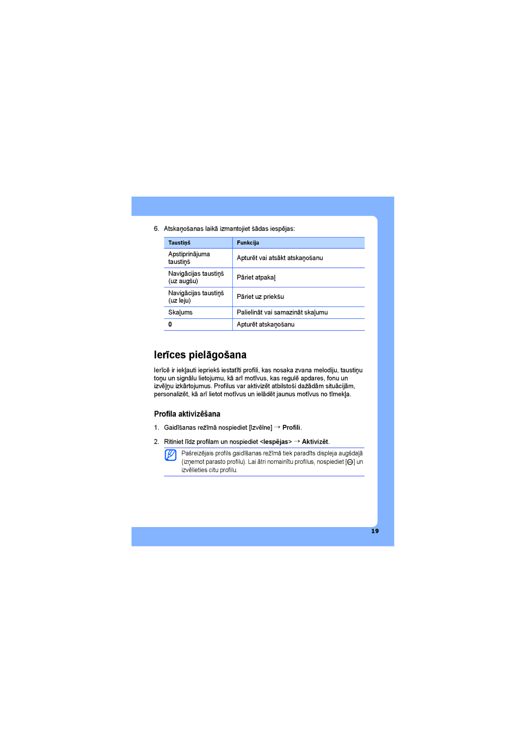 Samsung SGH-G810EAASEB manual Ierīces pielāgošana, Profila aktivizēšana, Taustiņš Funkcija 