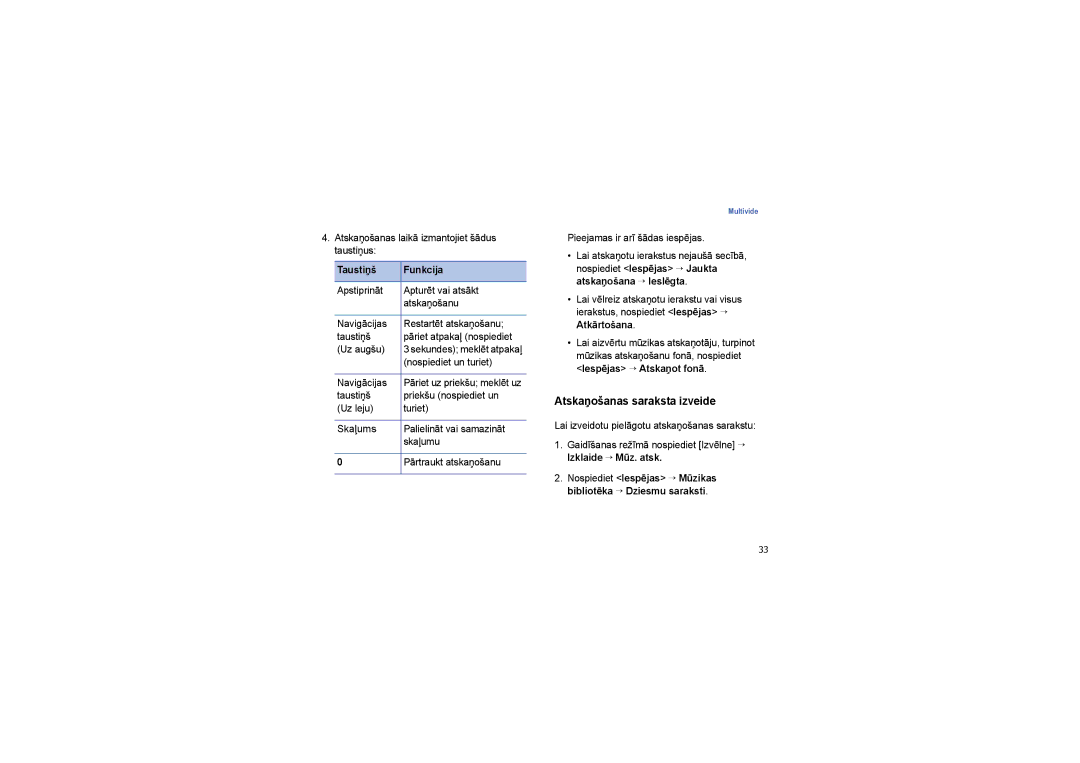 Samsung SGH-G810EAASEB manual Atskaņošanas saraksta izveide, Taustiņš Funkcija 