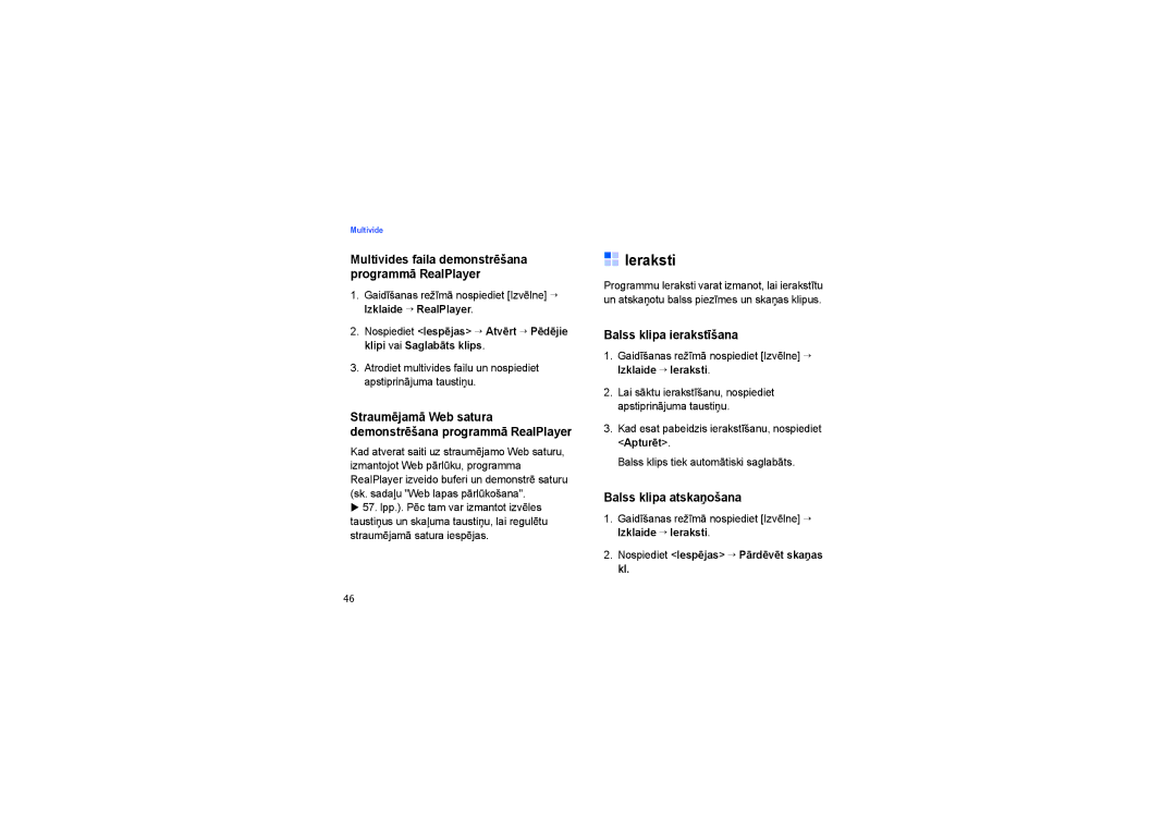 Samsung SGH-G810EAASEB manual Ieraksti, Straumējamā Web satura Demonstrēšana programmā RealPlayer, Balss klipa ierakstīšana 