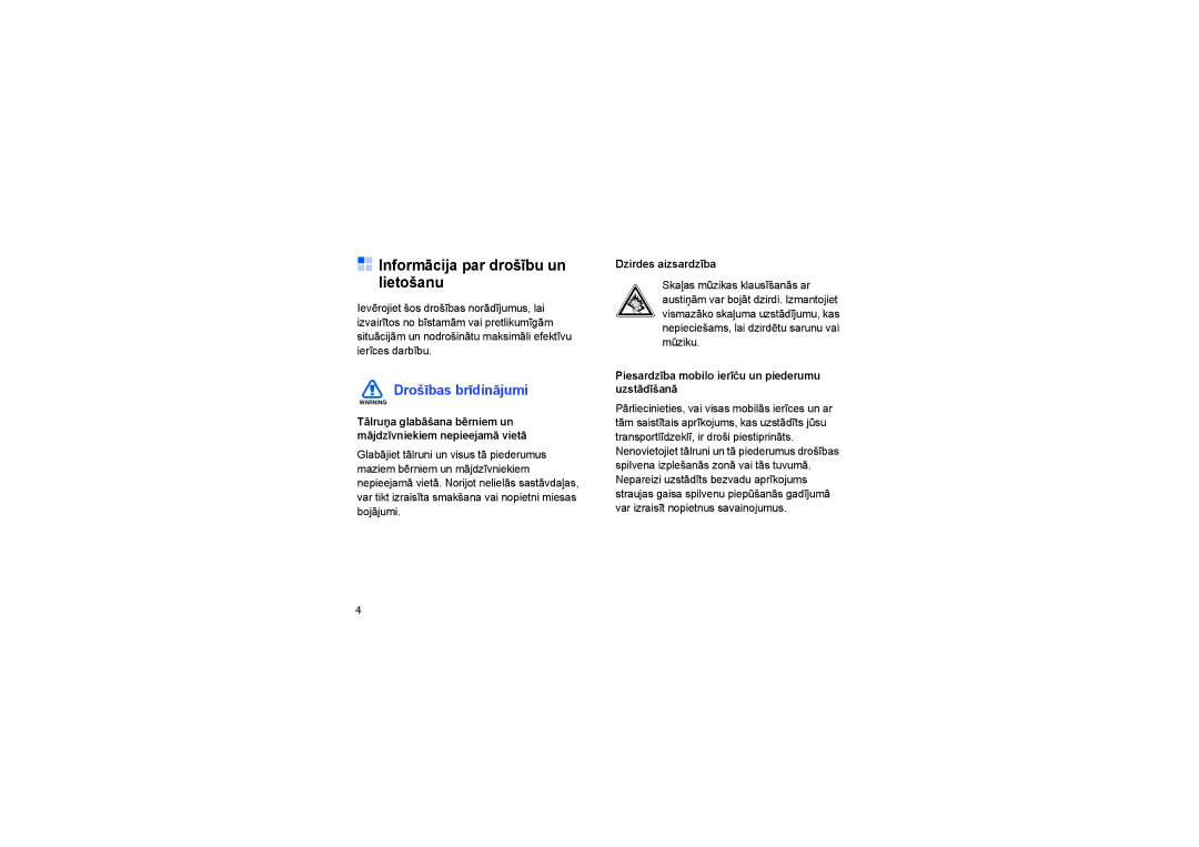 Samsung SGH-G810EAASEB manual Informācija par drošību un lietošanu, Dzirdes aizsardzība 