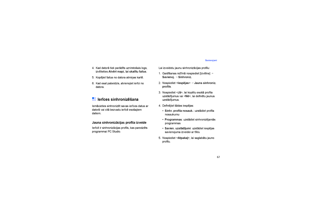 Samsung SGH-G810EAASEB manual Ierīces sinhronizēšana, Jauna sinhronizācijas profila izveide 