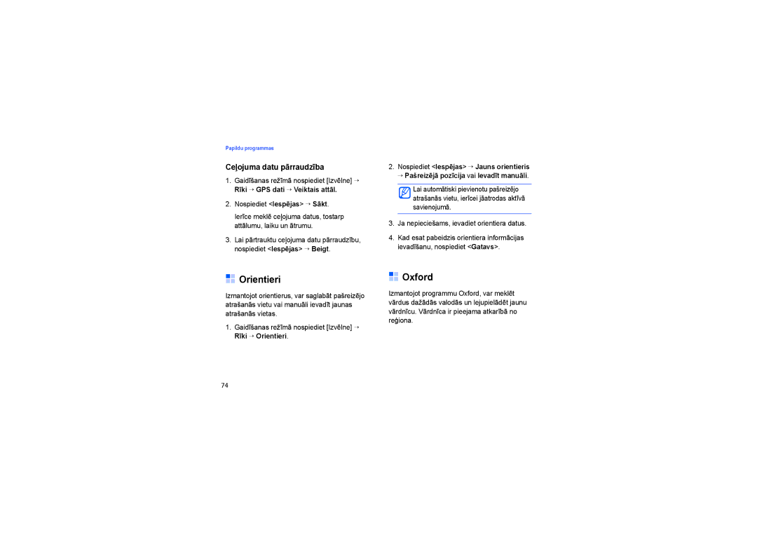 Samsung SGH-G810EAASEB manual Orientieri, Oxford, Ceļojuma datu pārraudzība 