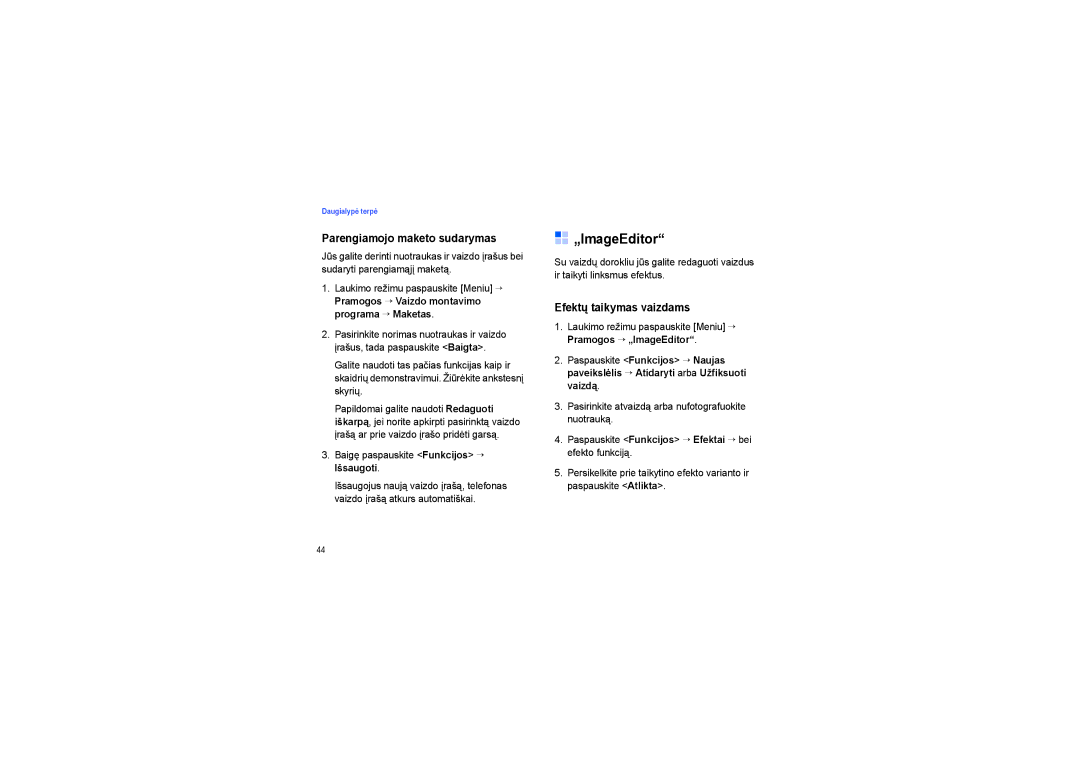 Samsung SGH-G810EAASEB manual „ImageEditor, Parengiamojo maketo sudarymas, Efektų taikymas vaizdams 