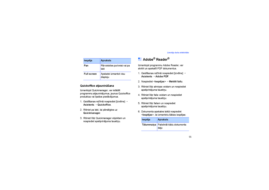 Samsung SGH-G810EAASEB manual Adobe Reader, Quickoffice atjaunināšana 