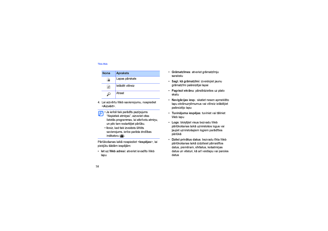 Samsung SGH-G810EAASEB manual Lapas pārskats, Ielādēt vēlreiz, Atrast, Lai aizvērtu Web savienojumu, nospiediet Aizvērt 