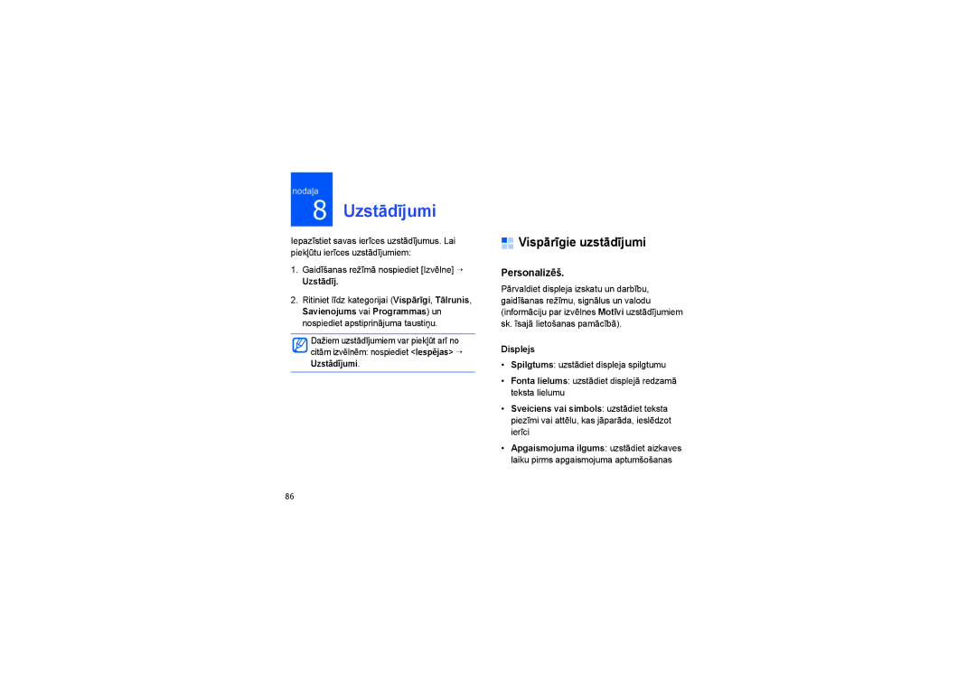 Samsung SGH-G810EAASEB manual Uzstādījumi, Vispārīgie uzstādījumi, Personalizēš, Displejs 