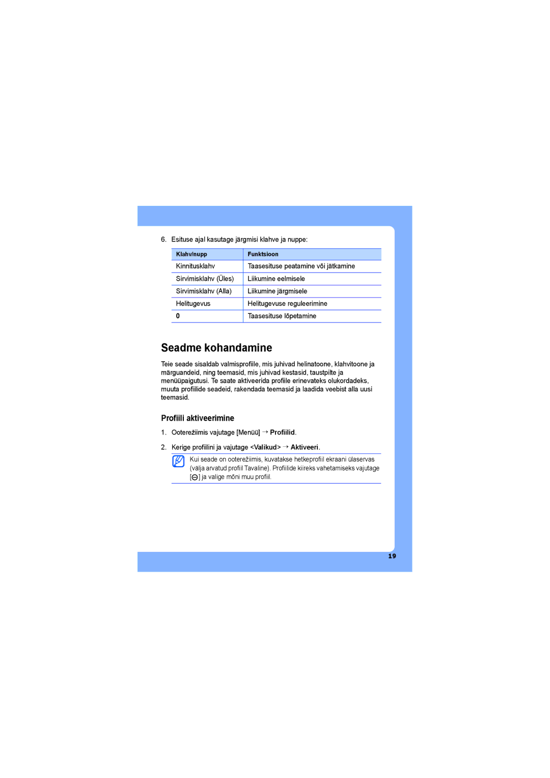 Samsung SGH-G810EAASEB manual Seadme kohandamine, Profiili aktiveerimine, Klahv/nupp Funktsioon 