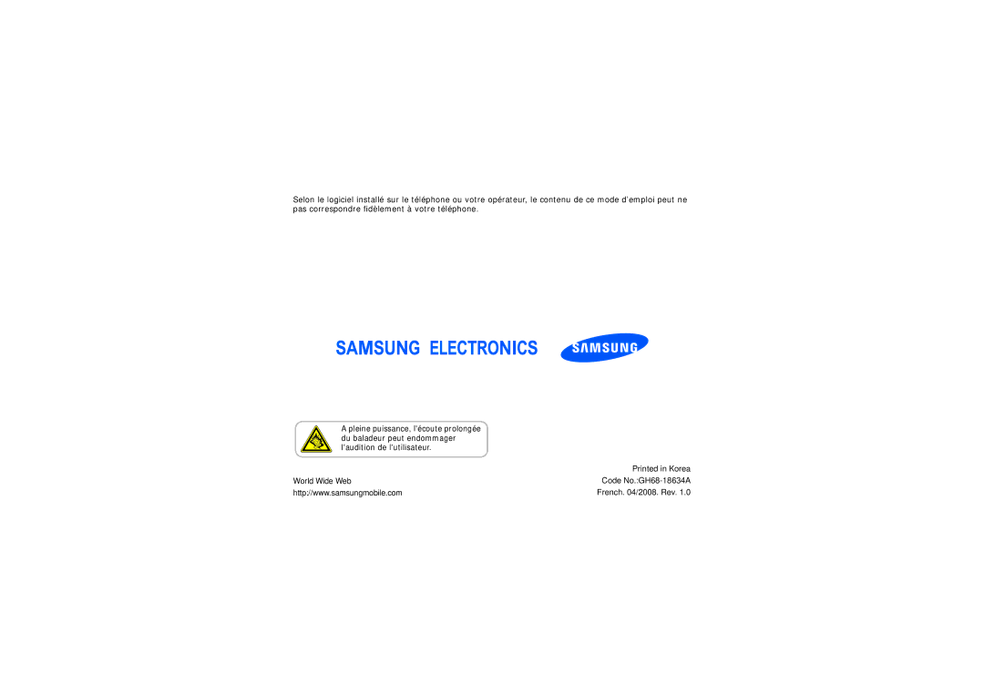 Samsung SGH-G810EAASFR, SGH-G810EACBOG, SGH-G810EACXEF, SGH-G810EACSFR World Wide Web Code No.GH68-18634A French /2008. Rev 