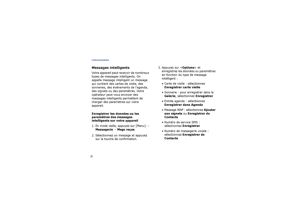 Samsung SGH-G810EAAXEF manual Messages intelligents, Enregistrer carte visite, Entrée agenda sélectionnez, Contacts 