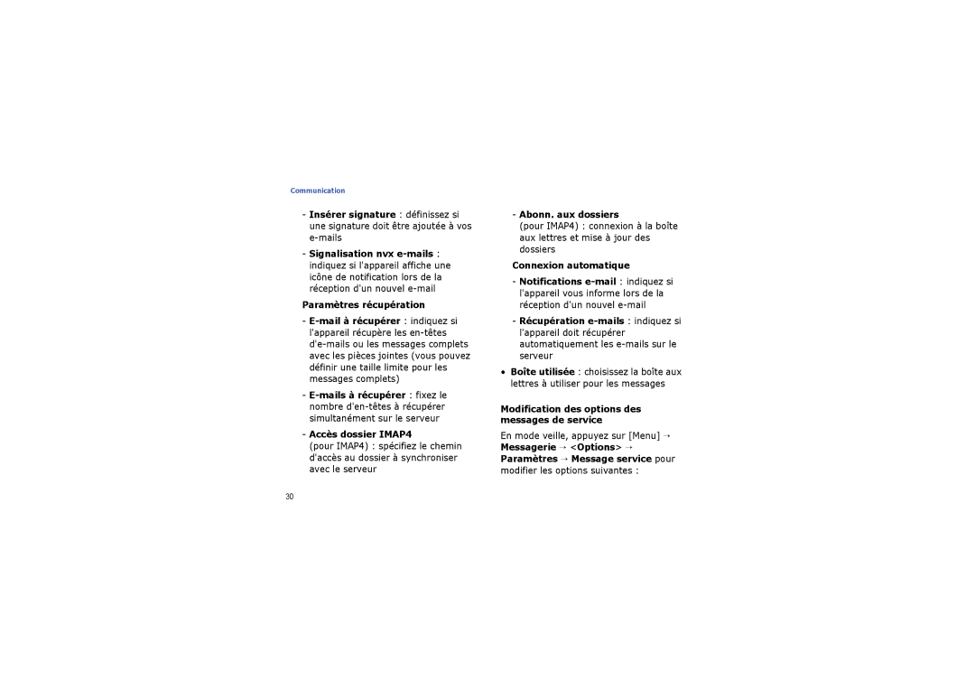 Samsung SGH-G810EACSFR manual Paramètres récupération, Accès dossier IMAP4, Abonn. aux dossiers, Connexion automatique 