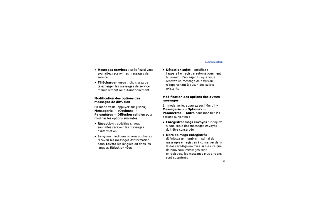 Samsung SGH-G810EAAXEF Modification des options des messages de diffusion, Modification des options des autres messages 